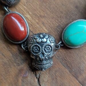 ⭐Silver Skull Pendant Necklace with Red and Green Stones